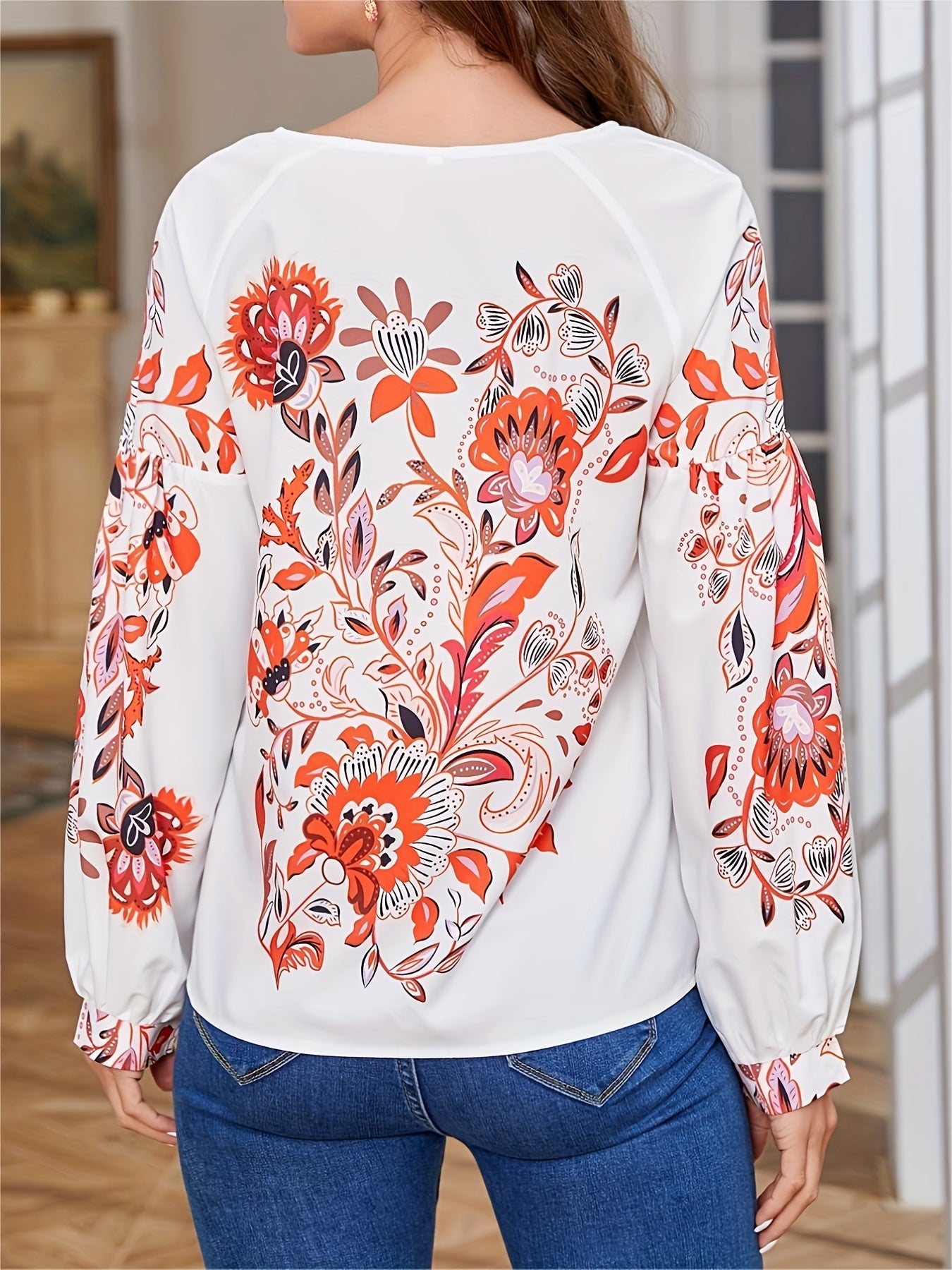 Vzyzv Floral Print Split Crew Neck Shirt, Boho Long Sleeve Shirt For Spring & Fall, Women's Clothing