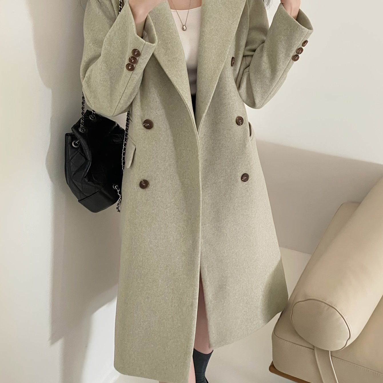 Vzyzv Solid Color Double-breasted Coat, Casual Long Sleeve Lapel Coat For Fall & Winter, Women's Clothing