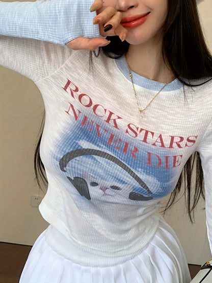 Vzyzv Cute Cat & Letter Print Contrast Trim T-shirt, Casual Long Sleeve Crew Neck Slim Top, Women's Clothing