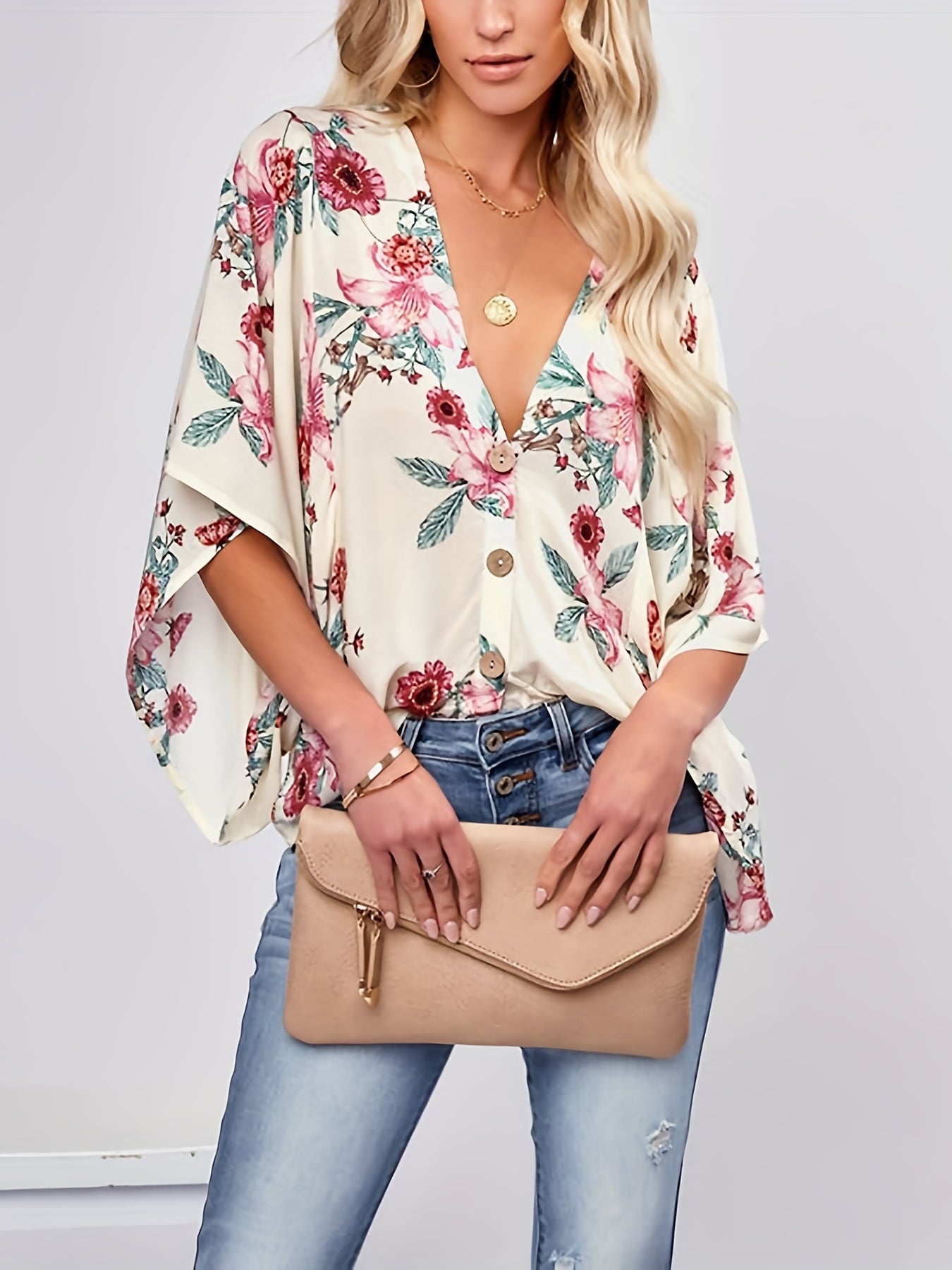 Vzyzv V Neck Loose Batwing Sleeve Shirt, Random Print Button Up Casual Top For Summer & Spring, Women's Clothing