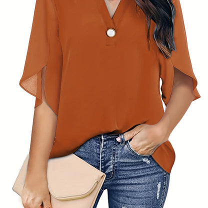 Vzyzv V-neck Loose Chiffon Blouses, Casual Solid Color Simple Short Sleeve Fashion Shirts Tops, Women's Clothing