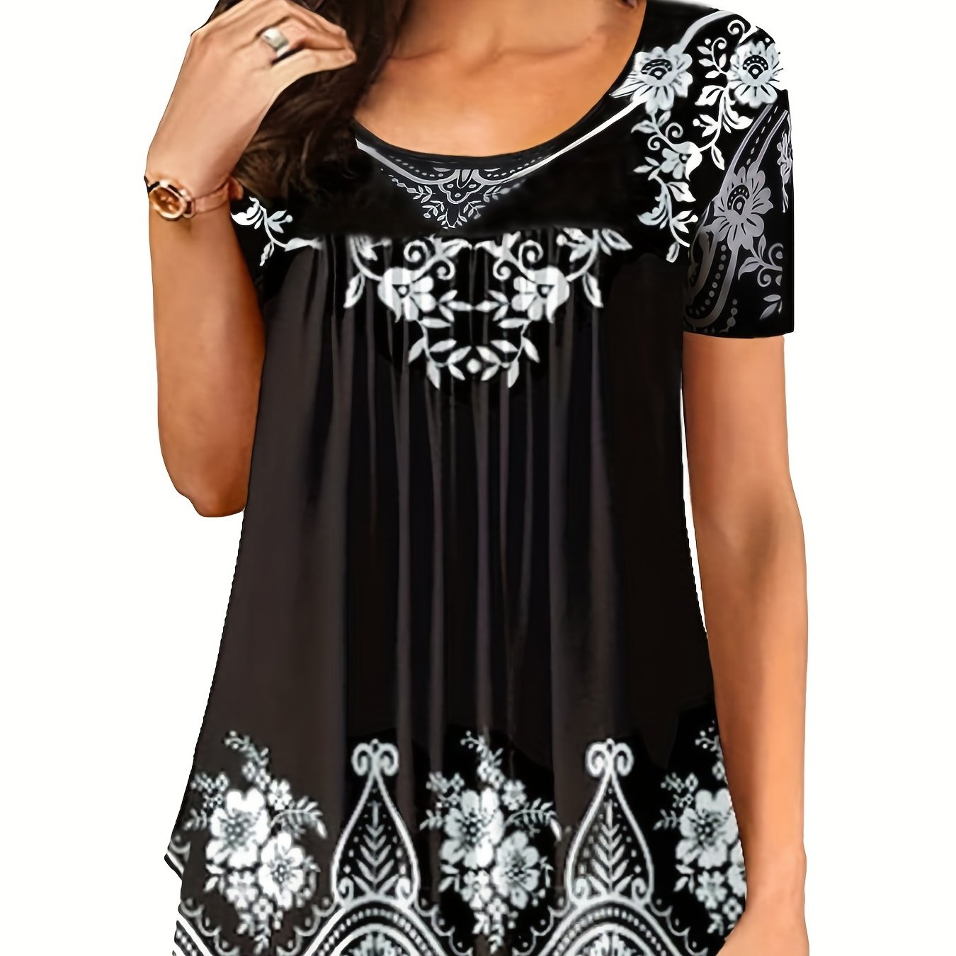 Vzyzv Women's Plus Size Boho Floral Print T-Shirt - Soft and Stretchy Short Sleeve Round Neck Tee