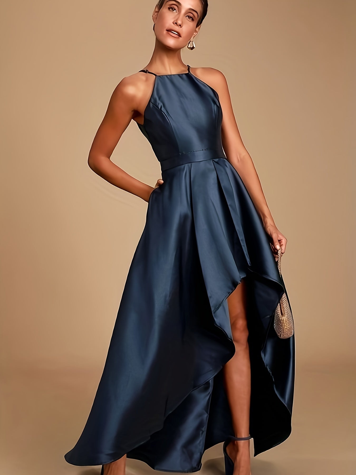 vzyzv  Solid Spaghetti Strap Dress, Elegant Sleeveless High-low Dress, Women's Clothing