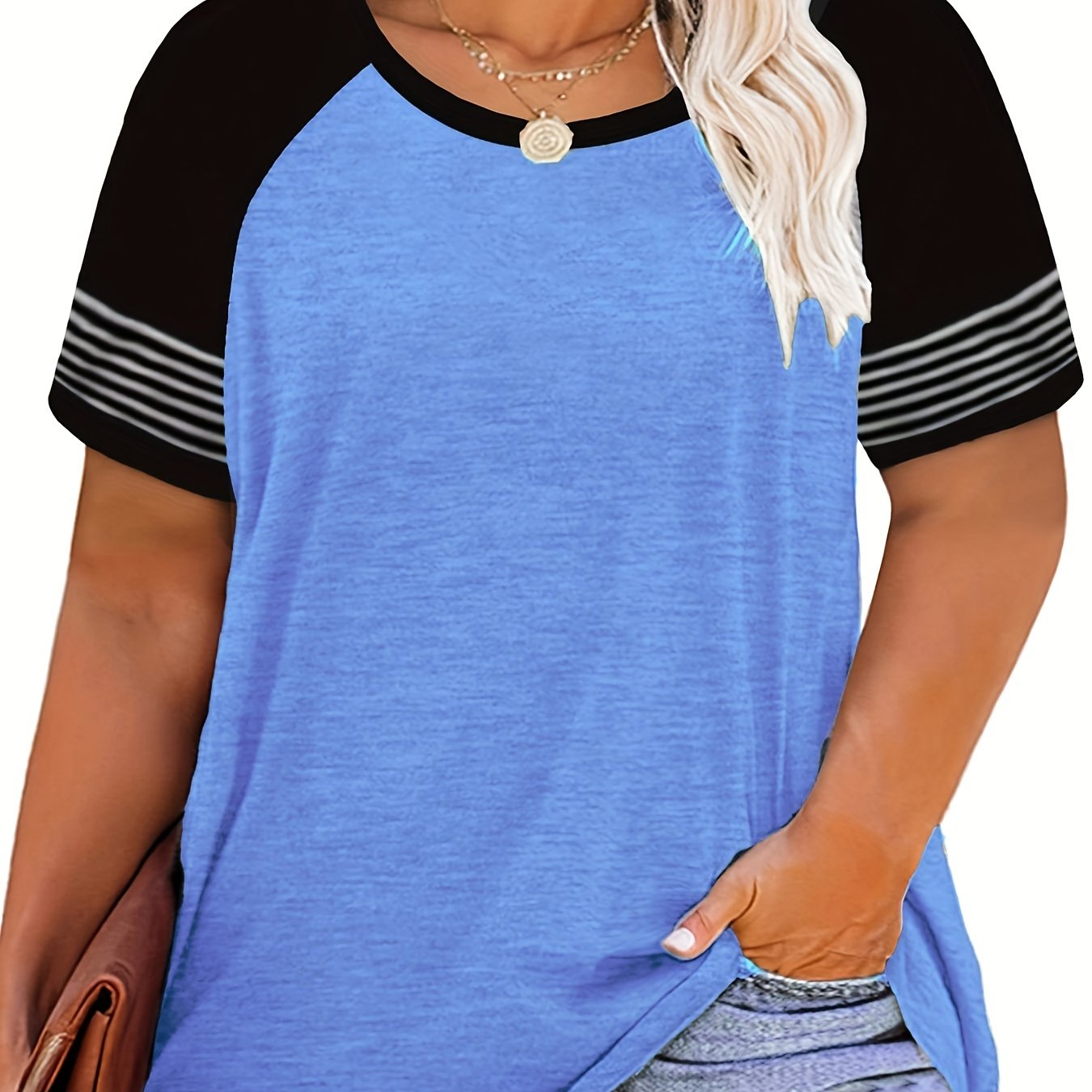 Vzyzv Women's Plus Size Colorblock Stripe Print T-Shirt - Comfortable and Stylish Short Sleeve Tee with Slight Stretch