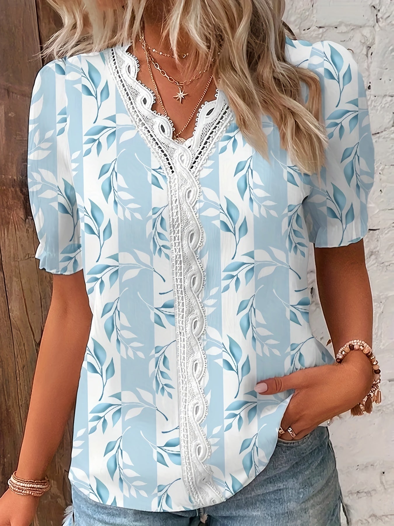 Vzyzv Floral Print Contrast Lace Blouse, Casual V Neck Short Sleeve Summer Blouse, Women's Clothing