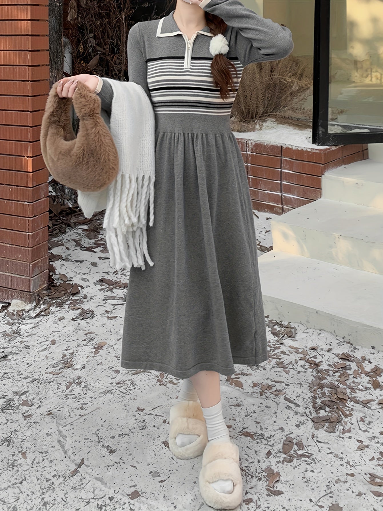Vzyzv Striped Contrast Trim Waist Sweater Dress, Long Sleeve Lapel Collar Causal Dress, Women's Clothing