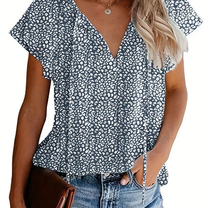 Vzyzv V Neck Flutter Sleeve Blouse, Loose Casual Top For Summer & Spring, Women's Clothing