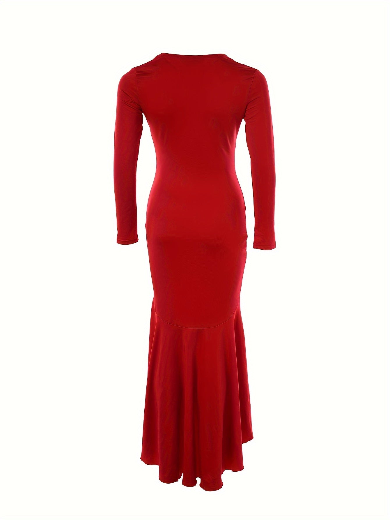 vzyzv  Ruffle Hem Plunging Dress, Sexy Long Sleeve Bodycon Asymmetrical Dress, Women's Clothing