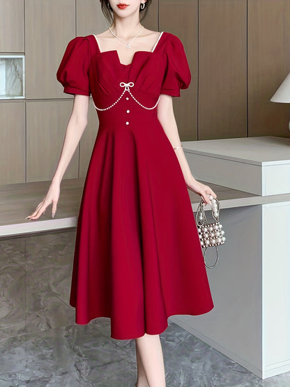 Vzyzv Tucked Puff Sleeve Solid Dress, Elegant High Waist Party Midi Dress, Women's Clothing