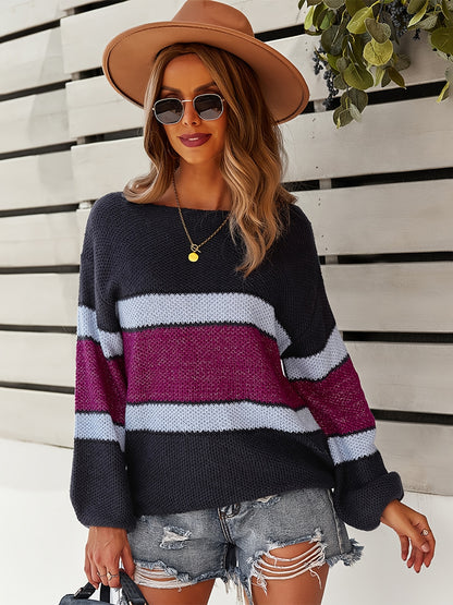 Vzyzv Striped Crew Neck Sweater, Casual Color Block Long Sleeve Loose Fall Winter Knit Sweater, Women's Clothing