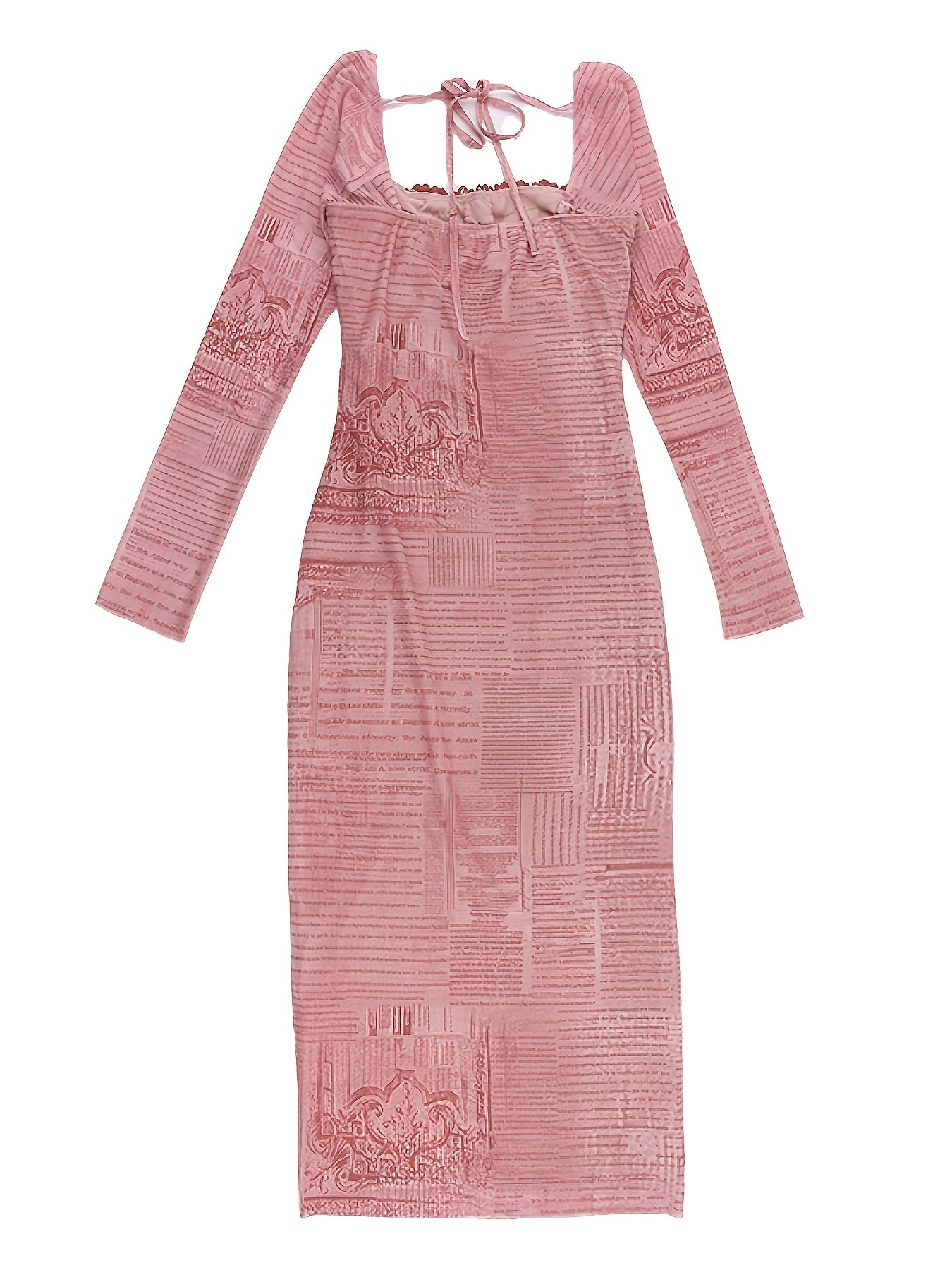 Vzyzv Allover Print Contrast Lace Bodycon Dress, Elegant Sweetheart Neck Long Sleeve Dress, Women's Clothing