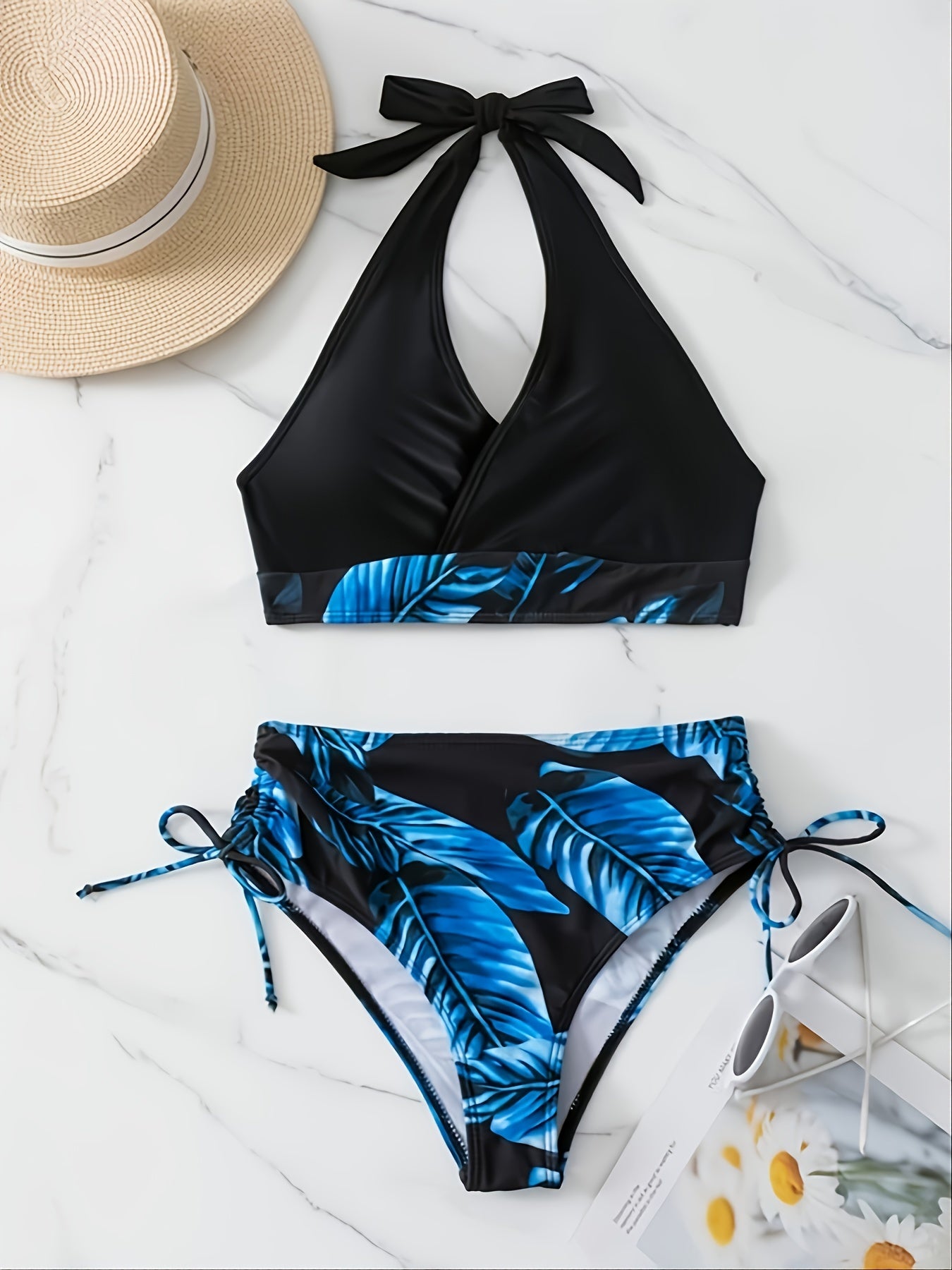 Vzyzv Contrast Leaf Print Halter Neck Bikini Sets, Drawstring Tie Side High Cut Two Piece Swimsuit, Women's Swimwear & Clothing