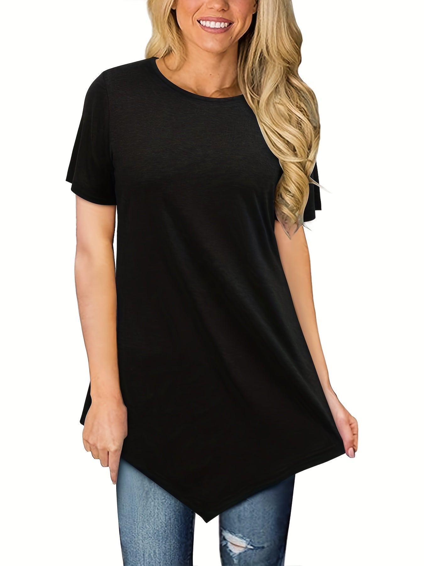 Vzyzv Solid Asymmetrical Hem T-shirt, Casual Crew Neck Short Sleeve Summer T-shirt, Women's Clothing