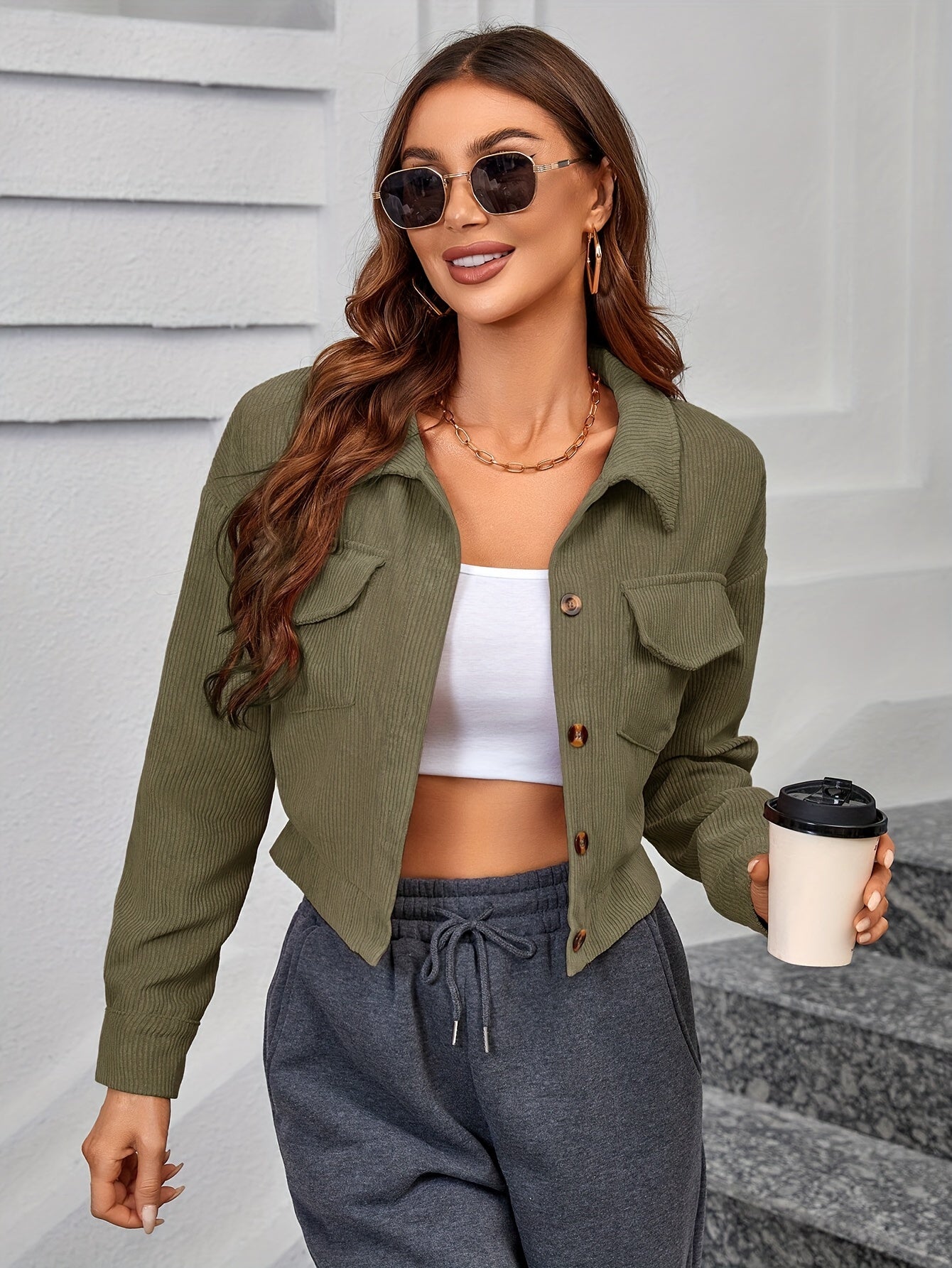 Vzyzv Corduroy Button Front Jacket, Casual Long Sleeve Outwear For Fall & Winter, Women's Clothing