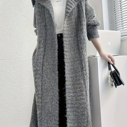 Vzyzv Solid Open Front Knit Cardigan, Casual Collared Long Length Thick Sweater Outerwear For Fall & Winter, Women's Clothing