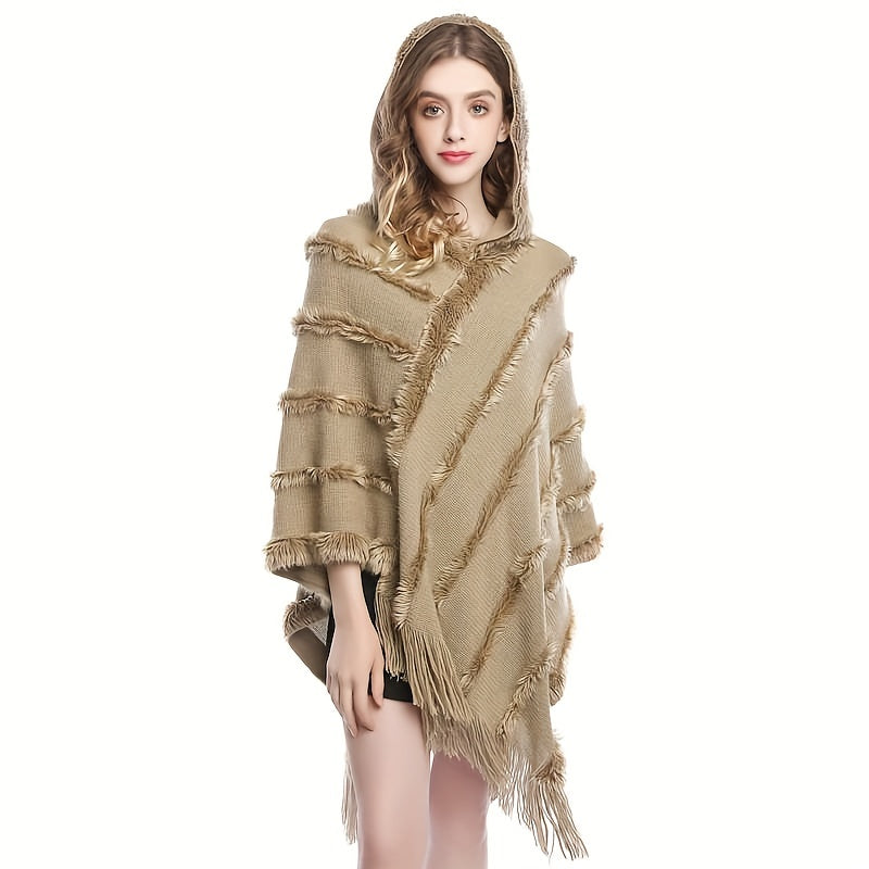 Vzyzv Loose Knit Hooded Pullover Poncho Large Solid Color Batwing Tassel Shawl Autumn Winter Travel Outside Windproof Cape