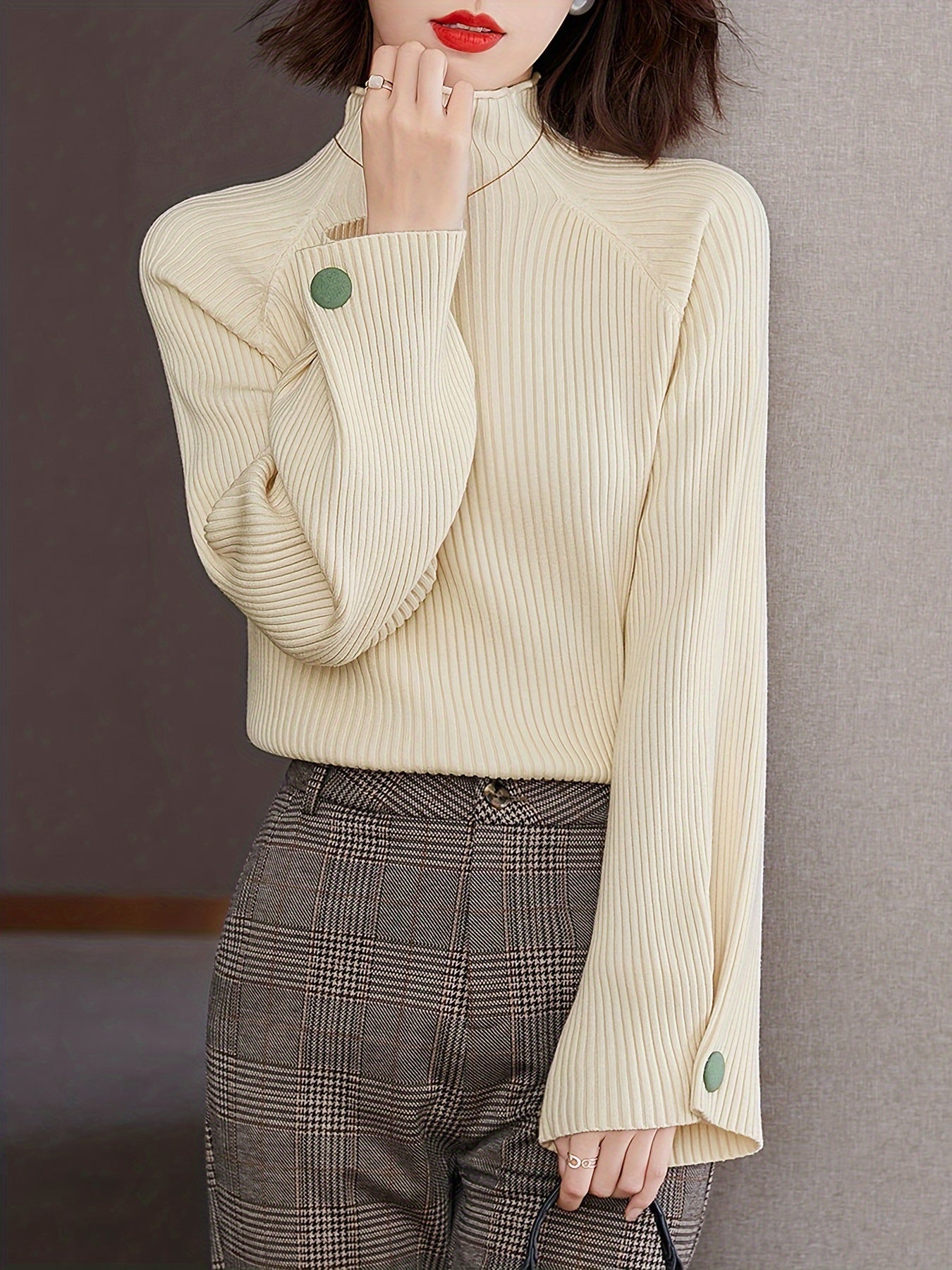 Vzyzv Button Decor Mock Neck Sweater, Elegant Long Sleeve Sweater For Fall & Winter, Women's Clothing