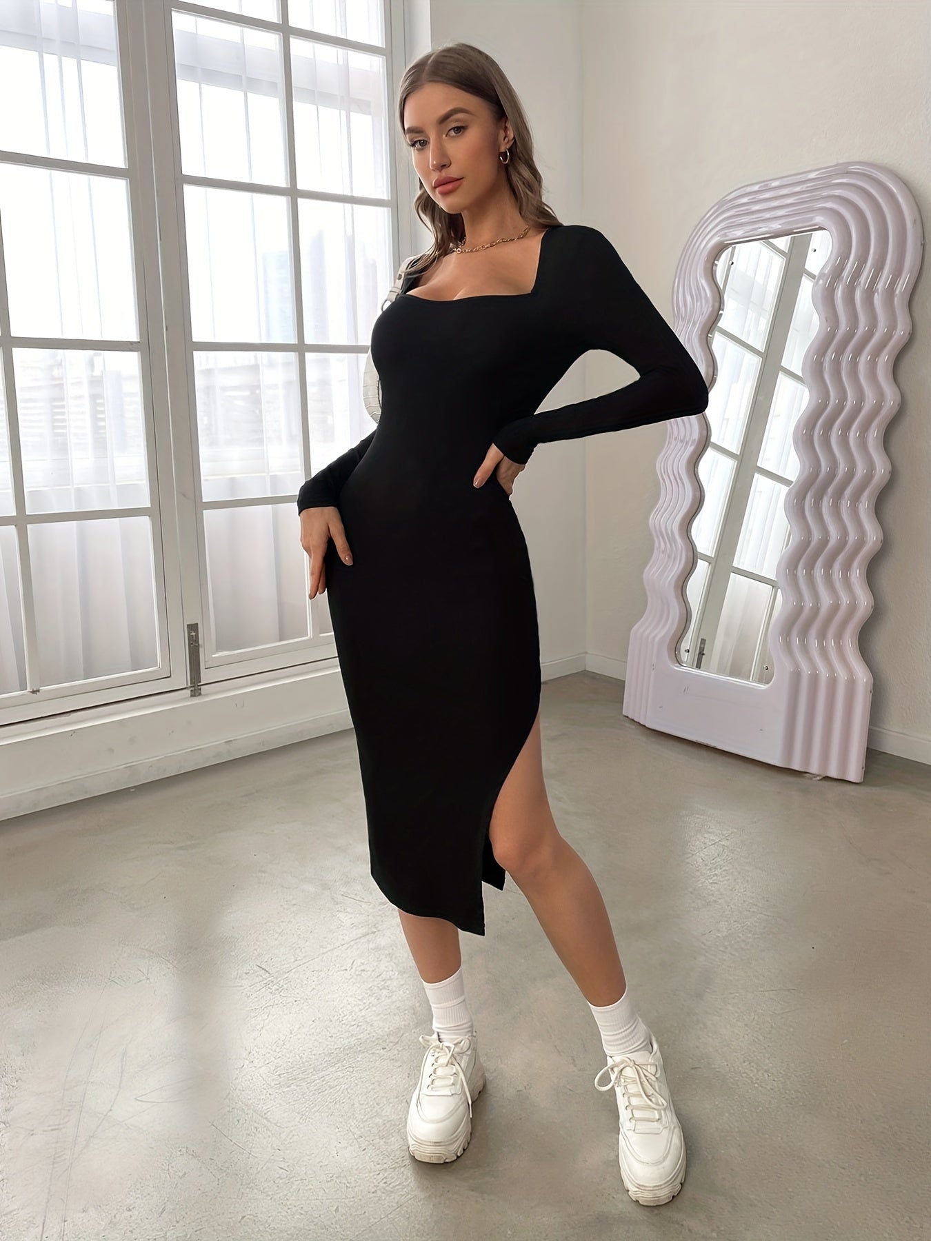 Vzyzv Solid Side Split Dress, Casual Slim Long Sleeve Midi Dress, Women's Clothing