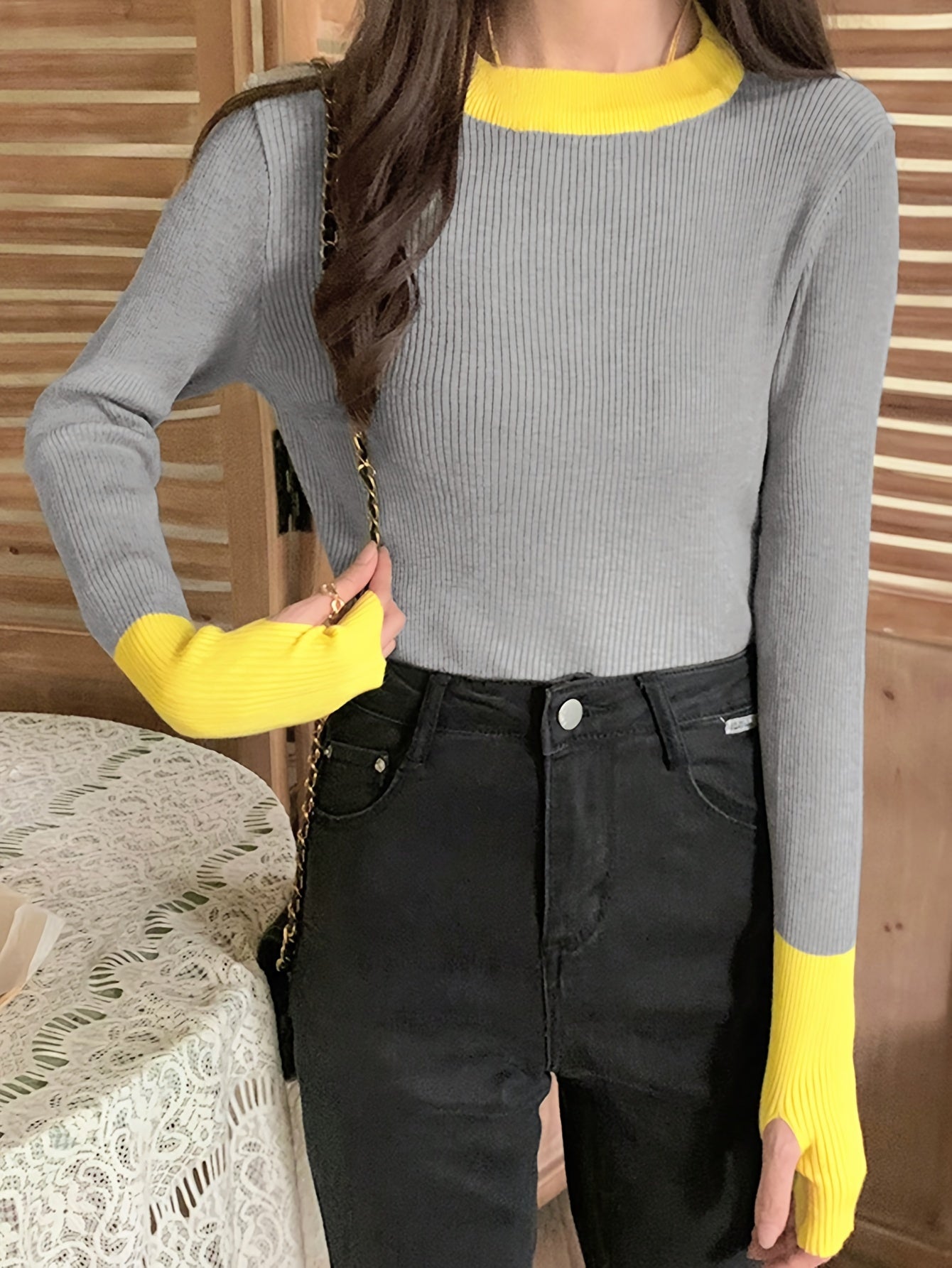 Vzyzv Color Block Crew Neck Knitted Top, Casual Long Sleeve Slim Sweater, Women's Clothing