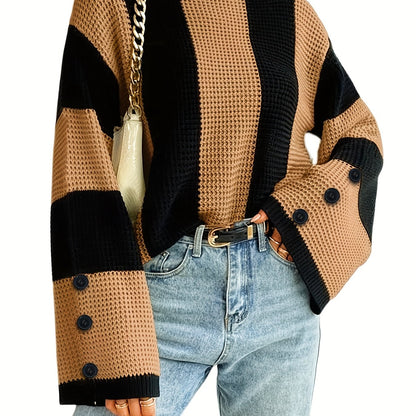 Vzyzv Striped Flare Sleeve Pullover Sweater, Casual Button Decor Crew Neck Knitted Top, Women's Clothing