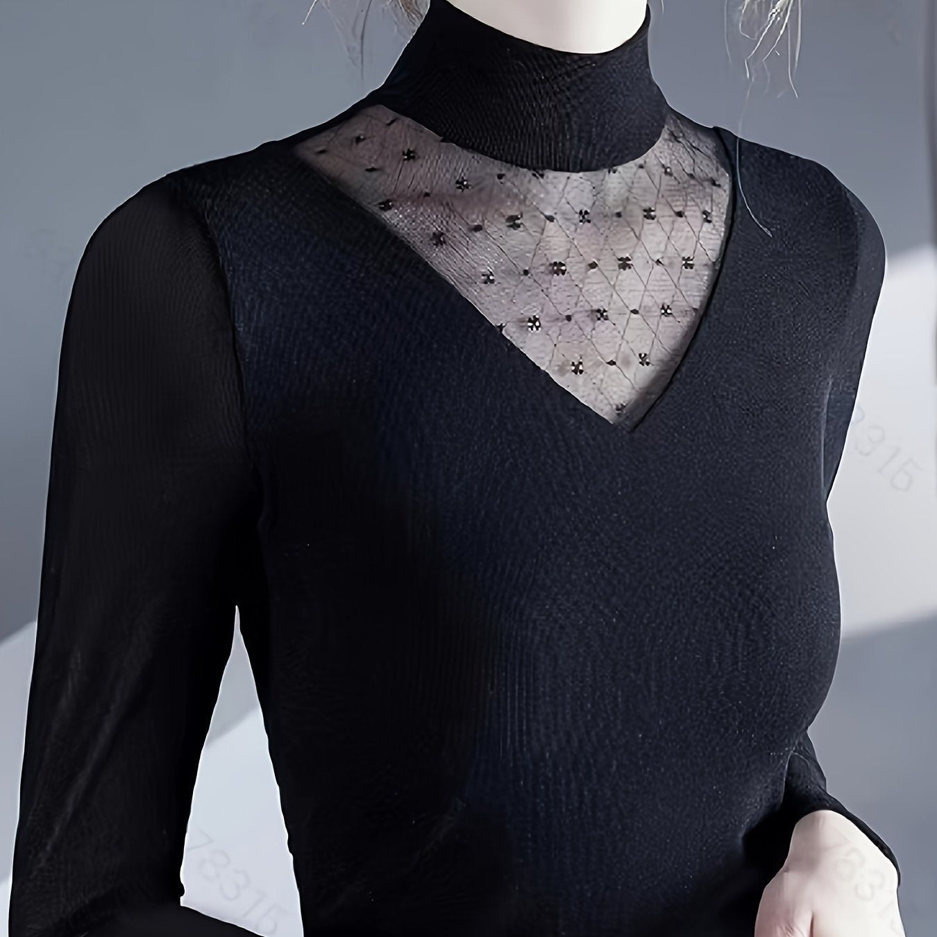 Vzyzv Contrast Mesh Mock Neck Knitted Top, Elegant Long Sleeve Slim Sweater, Women's Clothing