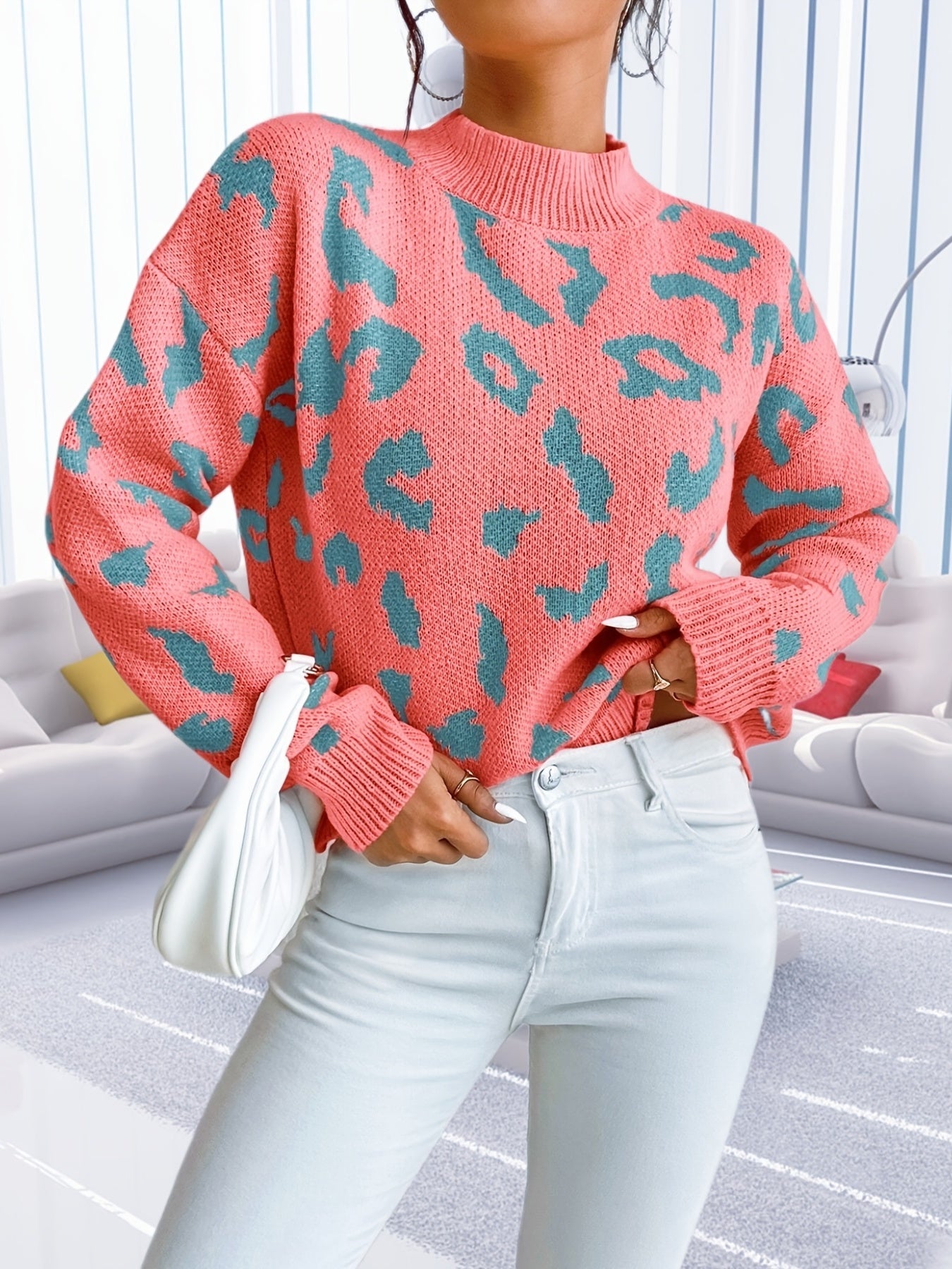 Vzyzv Graphic Pattern Mock Neck Pullover Sweater, Casual Long Sleeve Sweater, Women's Clothing