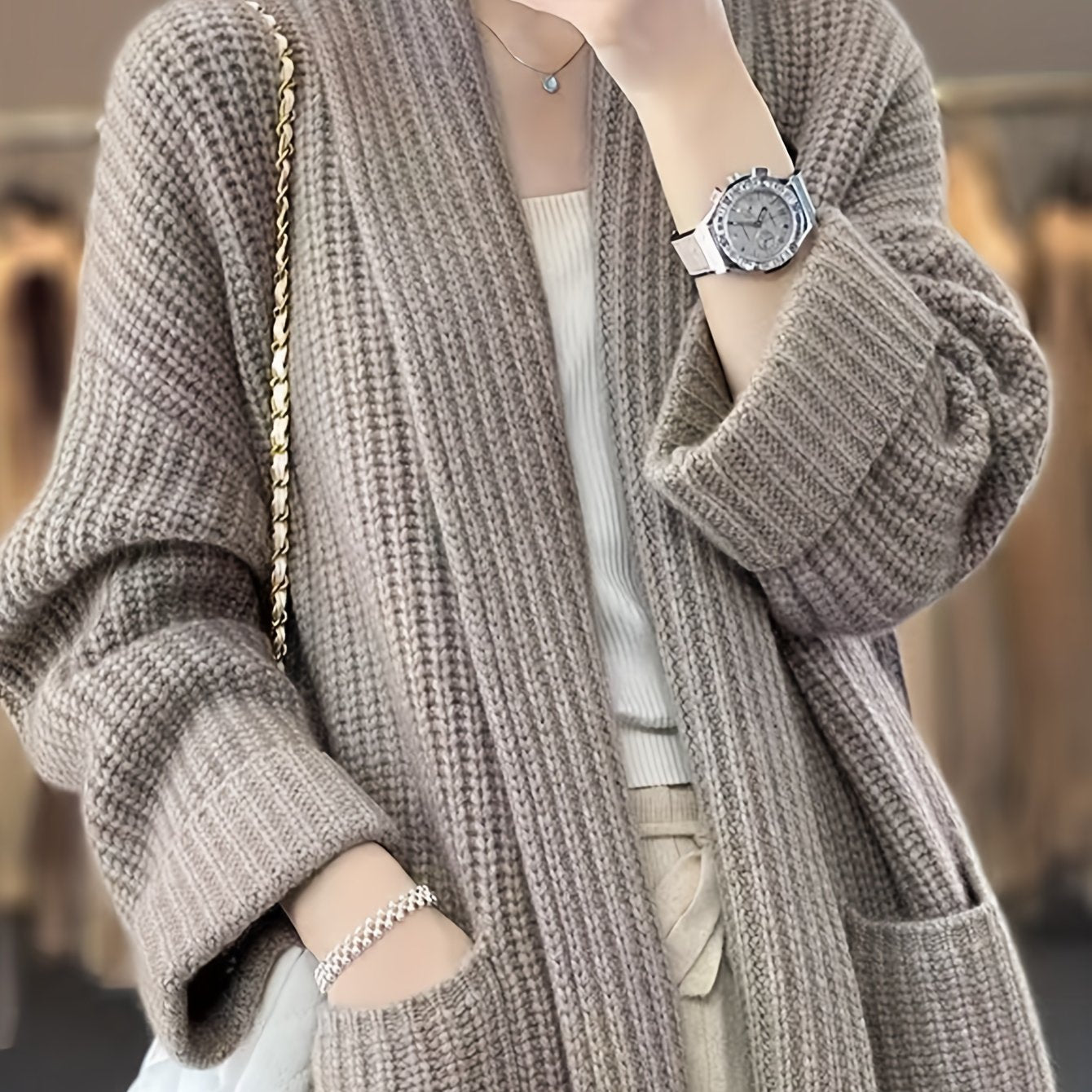Vzyzv Solid Open Front Knit Cardigan, Casual Long Sleeve Oversized Sweater Coat With Pocket, Women's Clothing