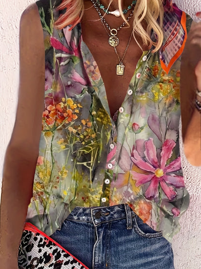Vzyzv Floral Print Sleeveless Blouse, Casual Crew Neck Button Front Blouse, Women's Clothing