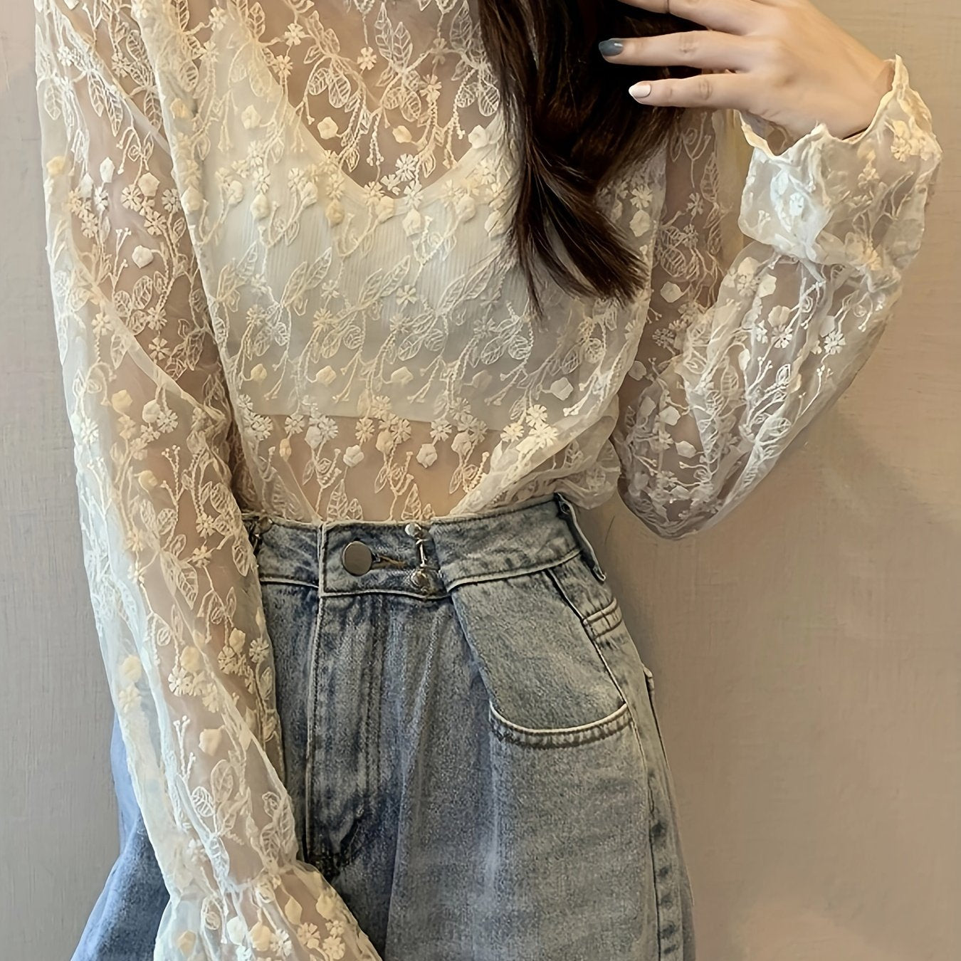 Vzyzv Guipure Lace Overlay Flare Sleeve Blouse, Casual Mock Neck Long Sleeve Blouse, Women's Clothing