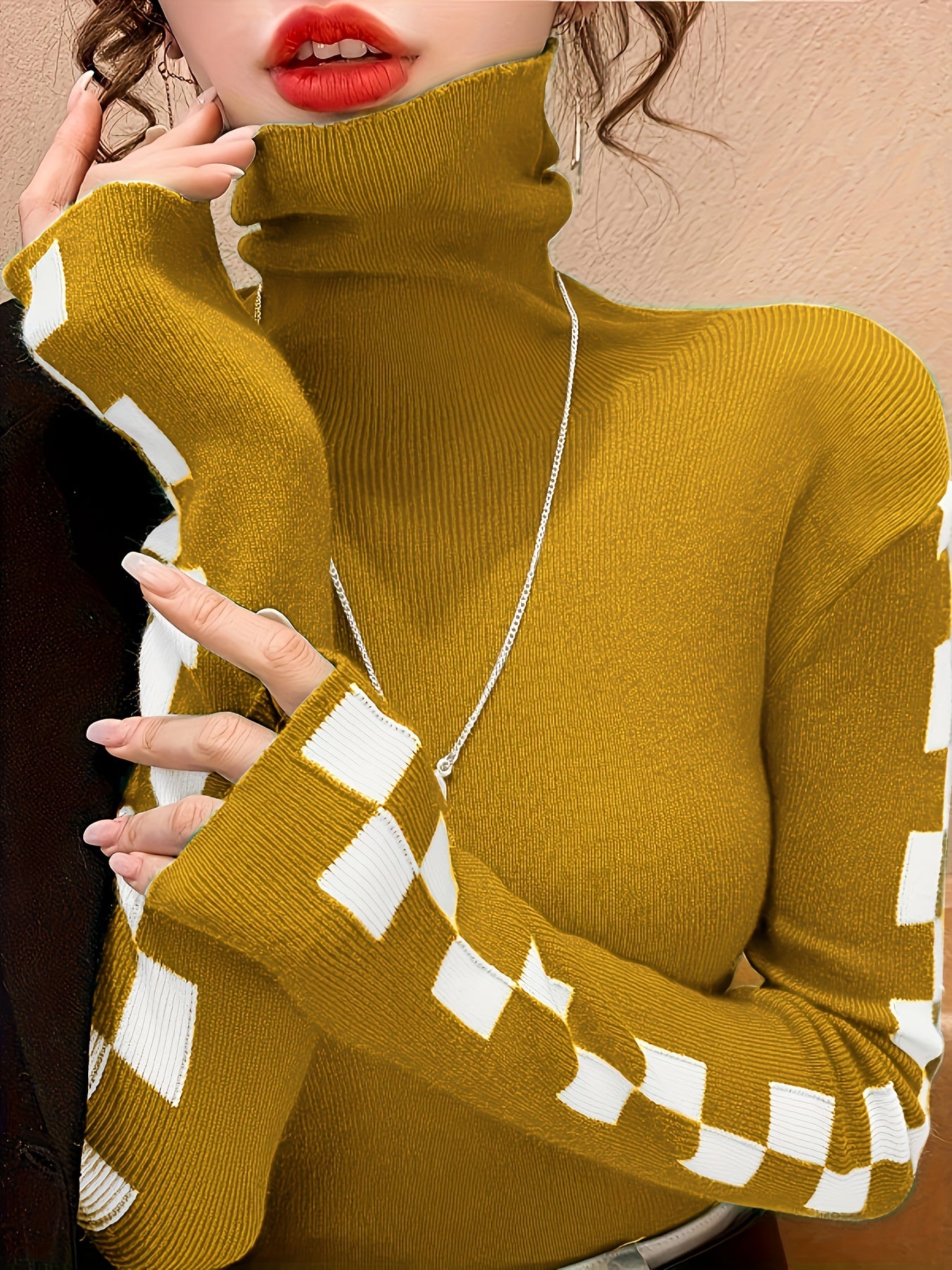 Vzyzv Plaid Turtle Neck Pullover Sweater, Casual Long Sleeve Slim Versatile Sweater, Women's Clothing