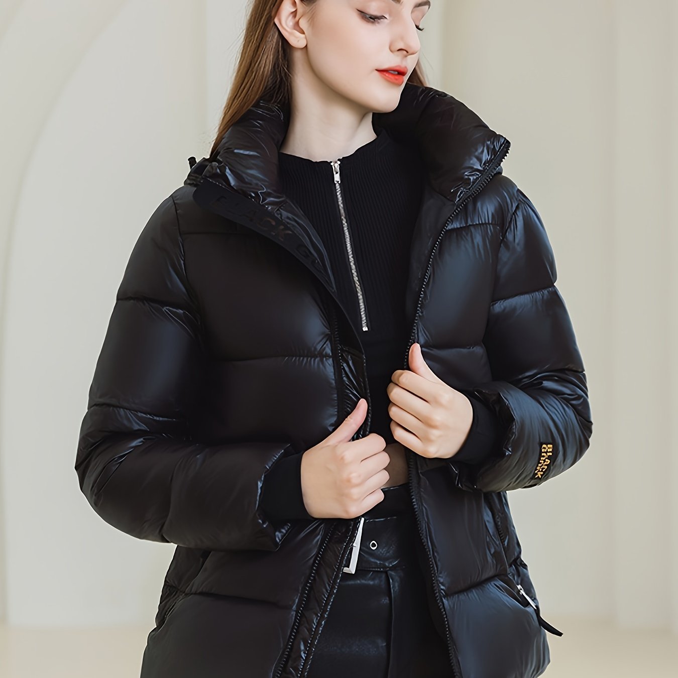 Vzyzv Solid Zipper Front Hooded Coat, Versatile Long Sleeve Warm Winter Outwear, Women's Clothing