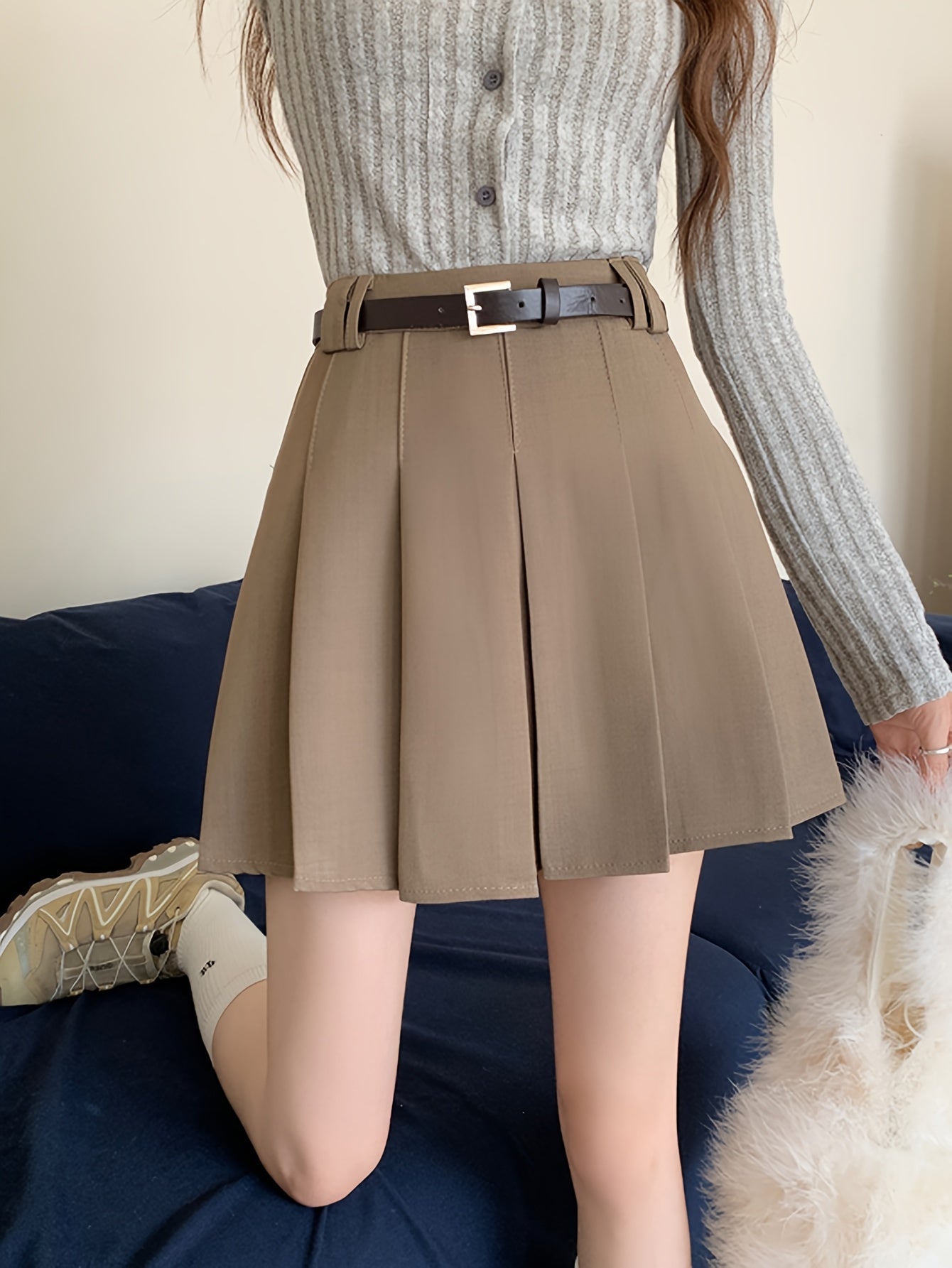 Vzyzv Solid Pleated Aline Skirt, Preppy High Waist Skirt For Spring & Fall, Women's Clothing