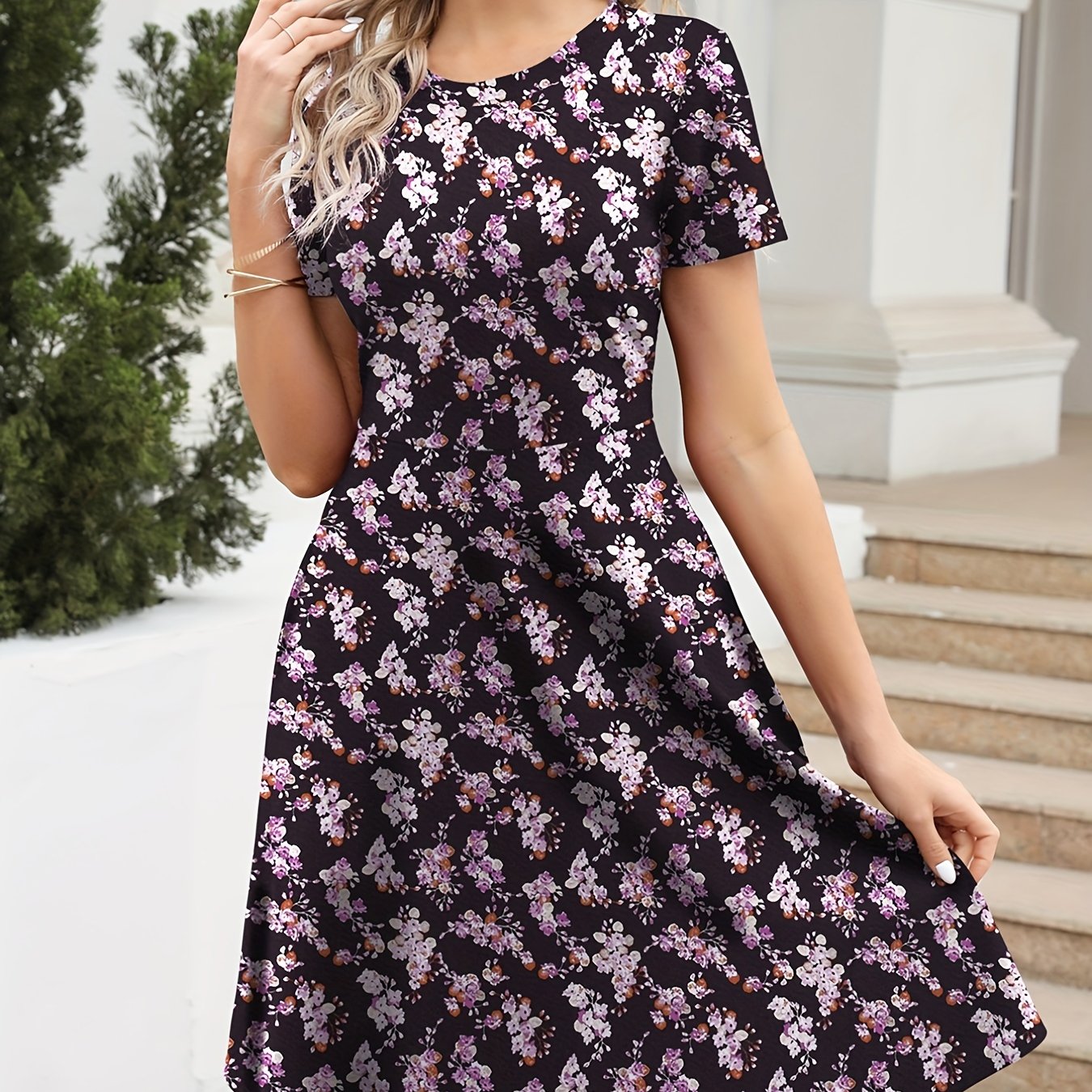 Vzyzv Floral Print Crew Neck Dress, Vintage Short Sleeve Dress For Spring & Summer, Women's Clothing