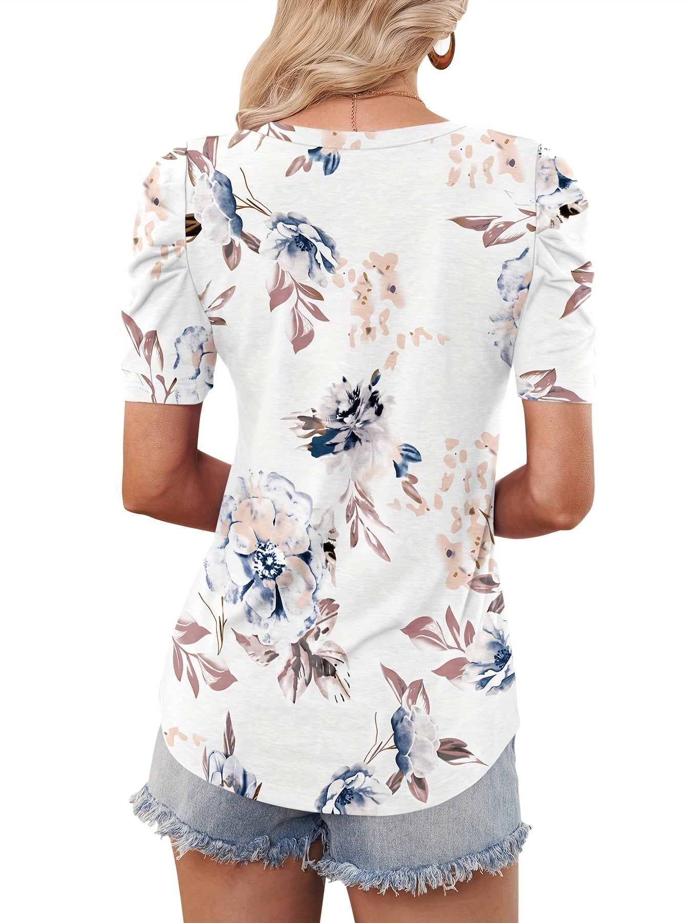 Vzyzv Vintage Floral Print T-Shirt, Random Print V Neck Short Sleeve Casual Top For Summer & Spring, Women's Clothing