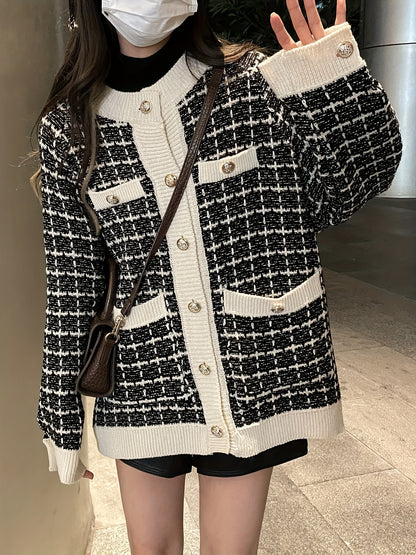 Vzyzv Preppy Plaid Pattern Button Up Pocket Cardigan, Casual Long Sleeve Cardigan For Fall & Winter, Women's Clothing