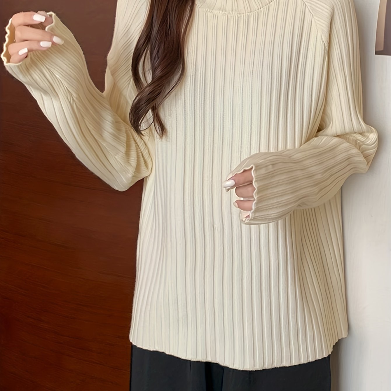 Vzyzv Solid Mock Neck Rib Knit Sweater, Casual Long Sleeve Thick Versatile Sweater, Women's Clothing