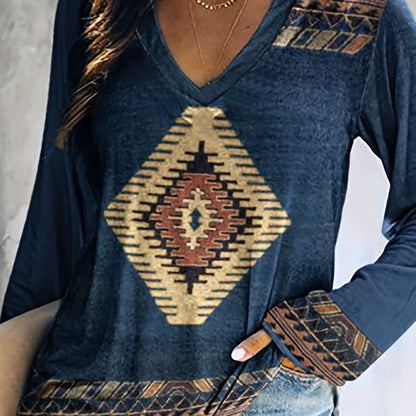 Vzyzv Aztec Print V Neck T-Shirt, Casual Long Sleeve T-Shirt For Spring & Fall, Women's Clothing