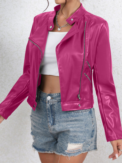 Vzyzv Faux Leather Zip Up Jacket, Biker Long Sleeve Jacket For Fall & Winter, Women's Clothing