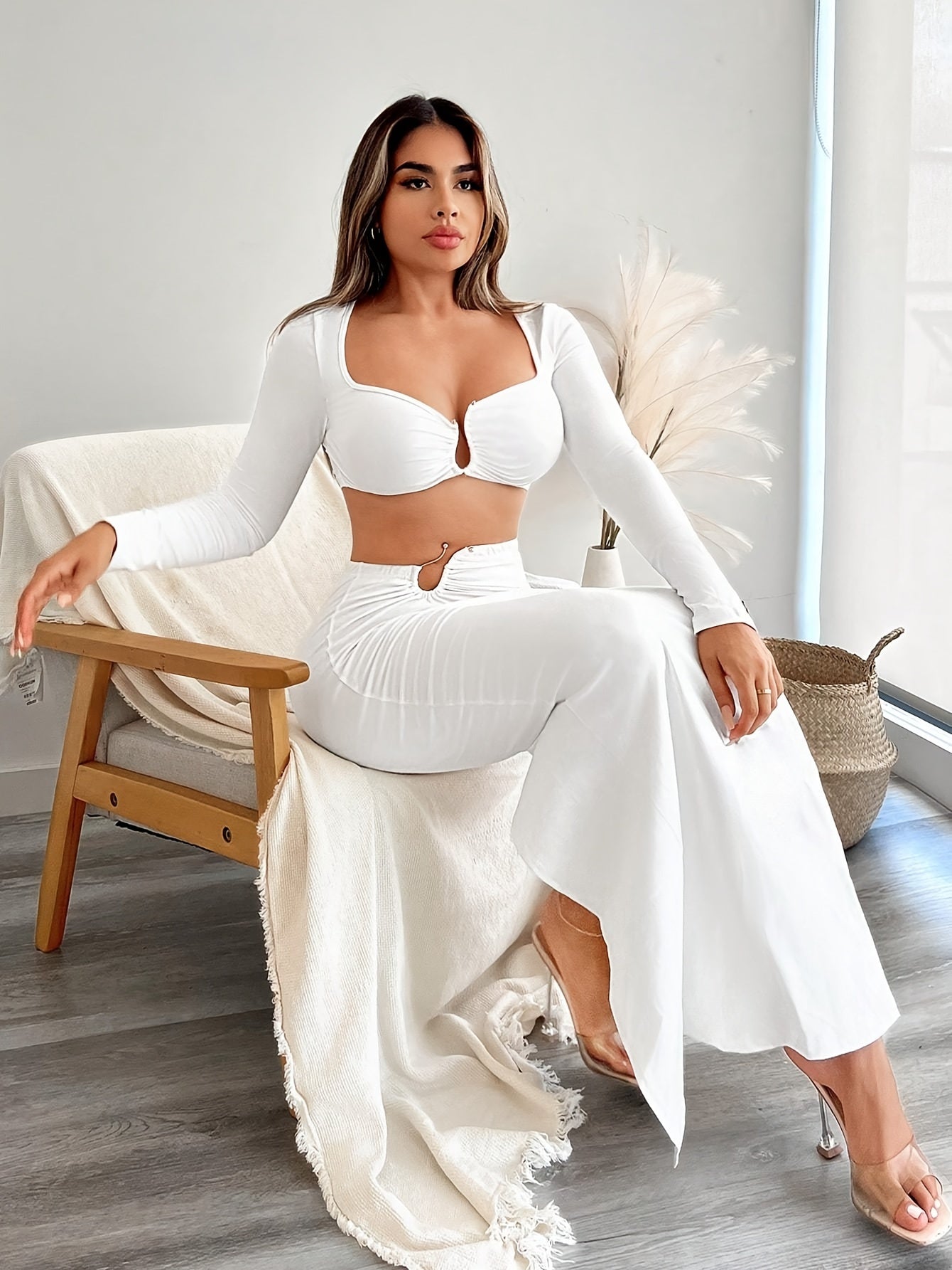 vzyzv  Sexy Solid Slim Two-piece Skirt Set, Crop Square Neck Long Sleeve Top & High Split Bodycon Skirt Outfits, Women's Clothing