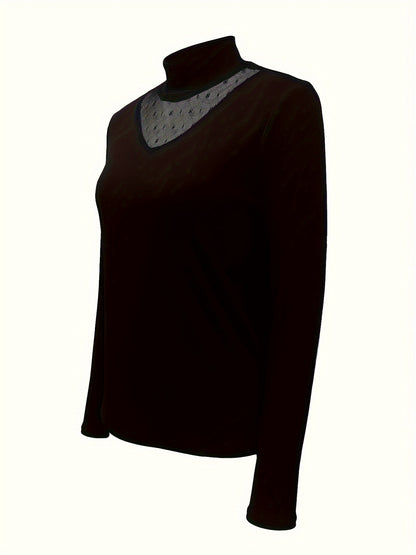 Vzyzv Contrast Mesh Mock Neck Knitted Top, Elegant Long Sleeve Slim Sweater, Women's Clothing