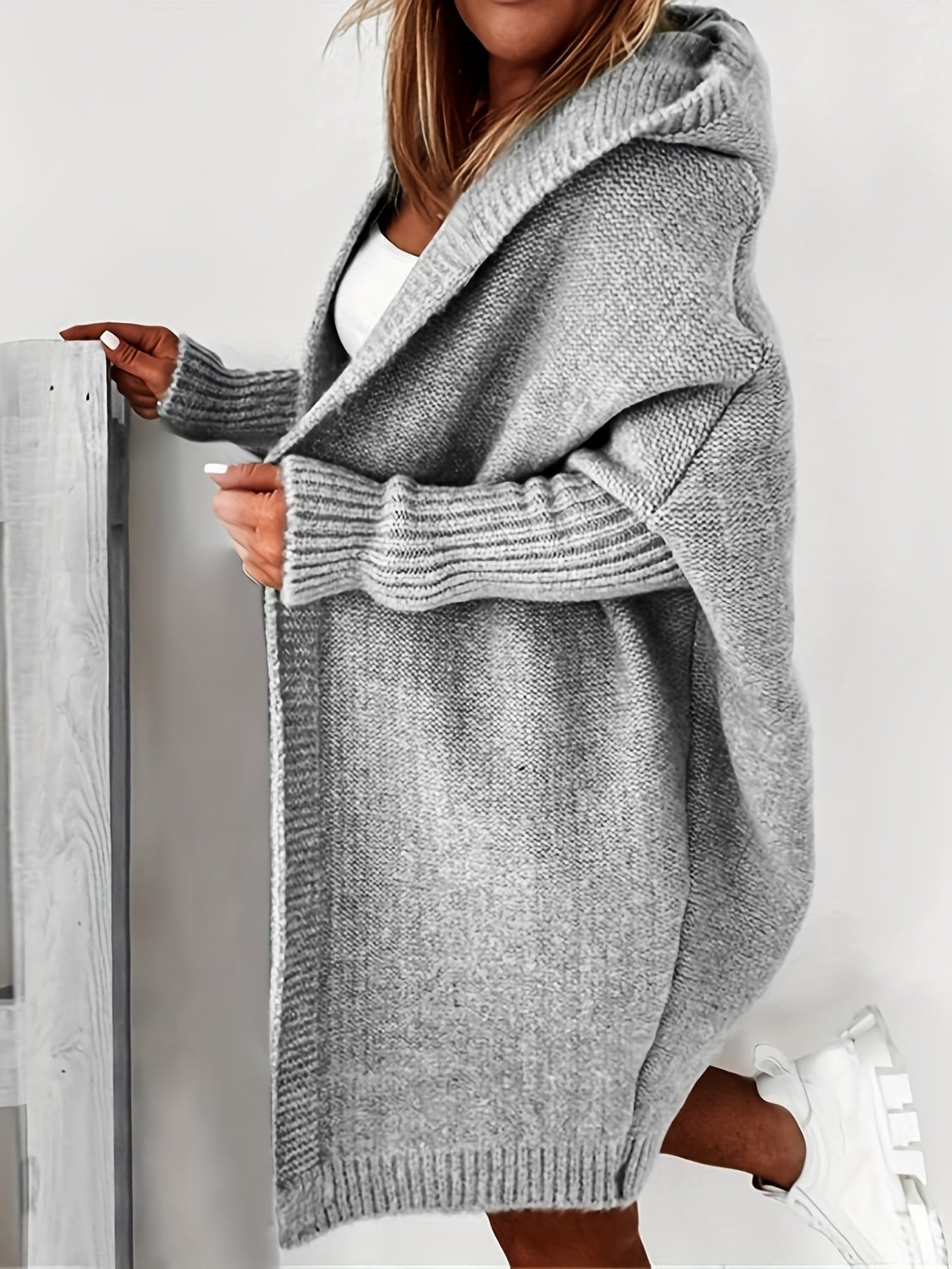 Vzyzv Oversized Hooded Knitted Cardigan, Long Sleeve Casual Sweater For Winter & Fall, Women's Clothing