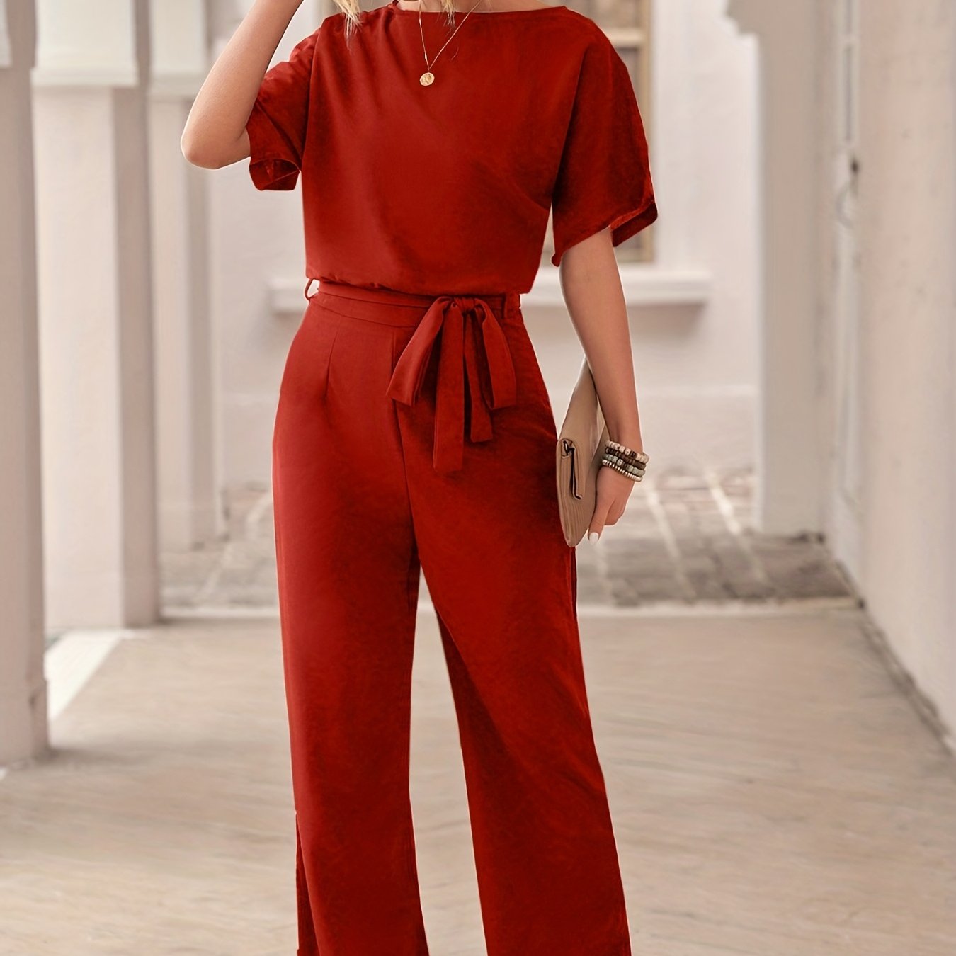 Vzyzv Solid Crew Neck Short Sleeve Jumpsuit, High Waist Wide Leg Long Length With Belt Jumpsuit, Women's Clothing