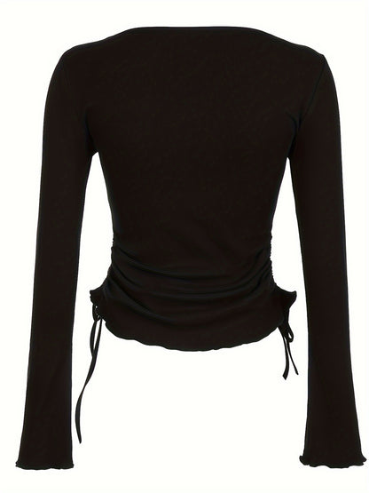 Vzyzv Drawstring Crew Neck T-Shirt, Y2K Long Sleeve Lettuce Trim Top For Spring & Fall, Women's Clothing