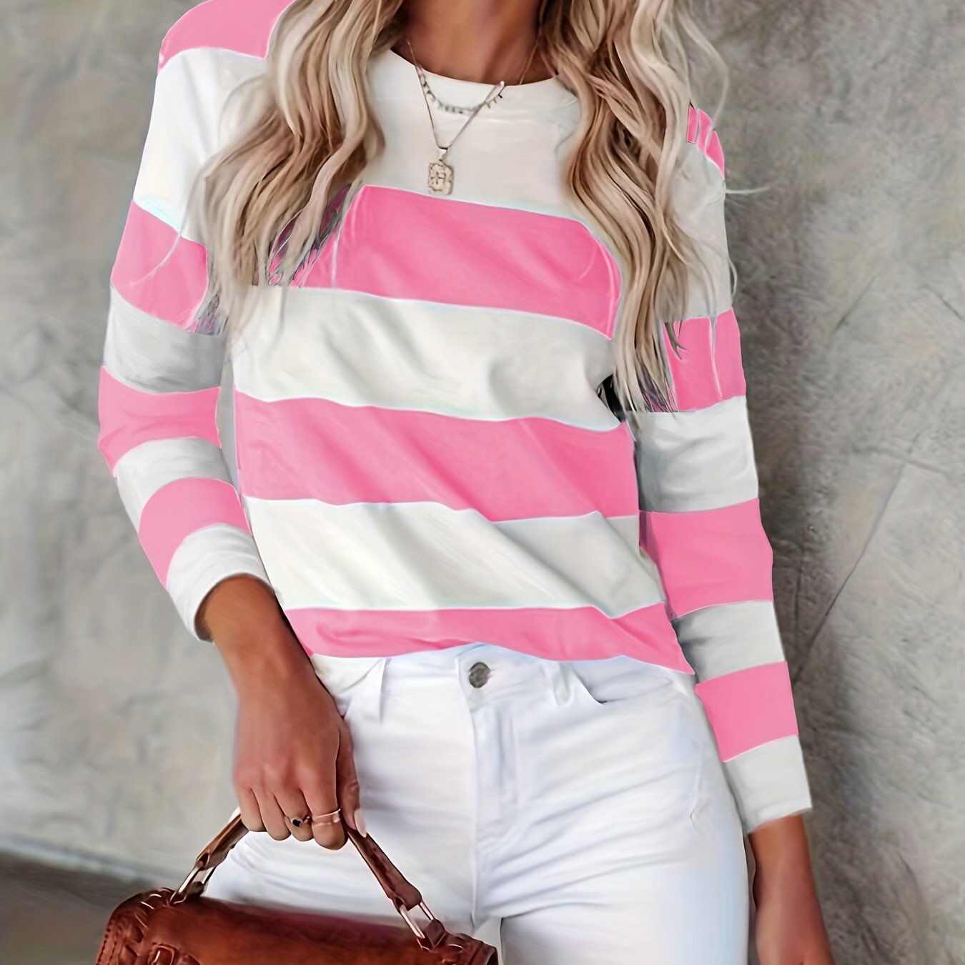 Vzyzv Versatile Long Sleeve Striped T-Shirt, Crew Neck Casual Top For Spring & Fall, Women's Clothing