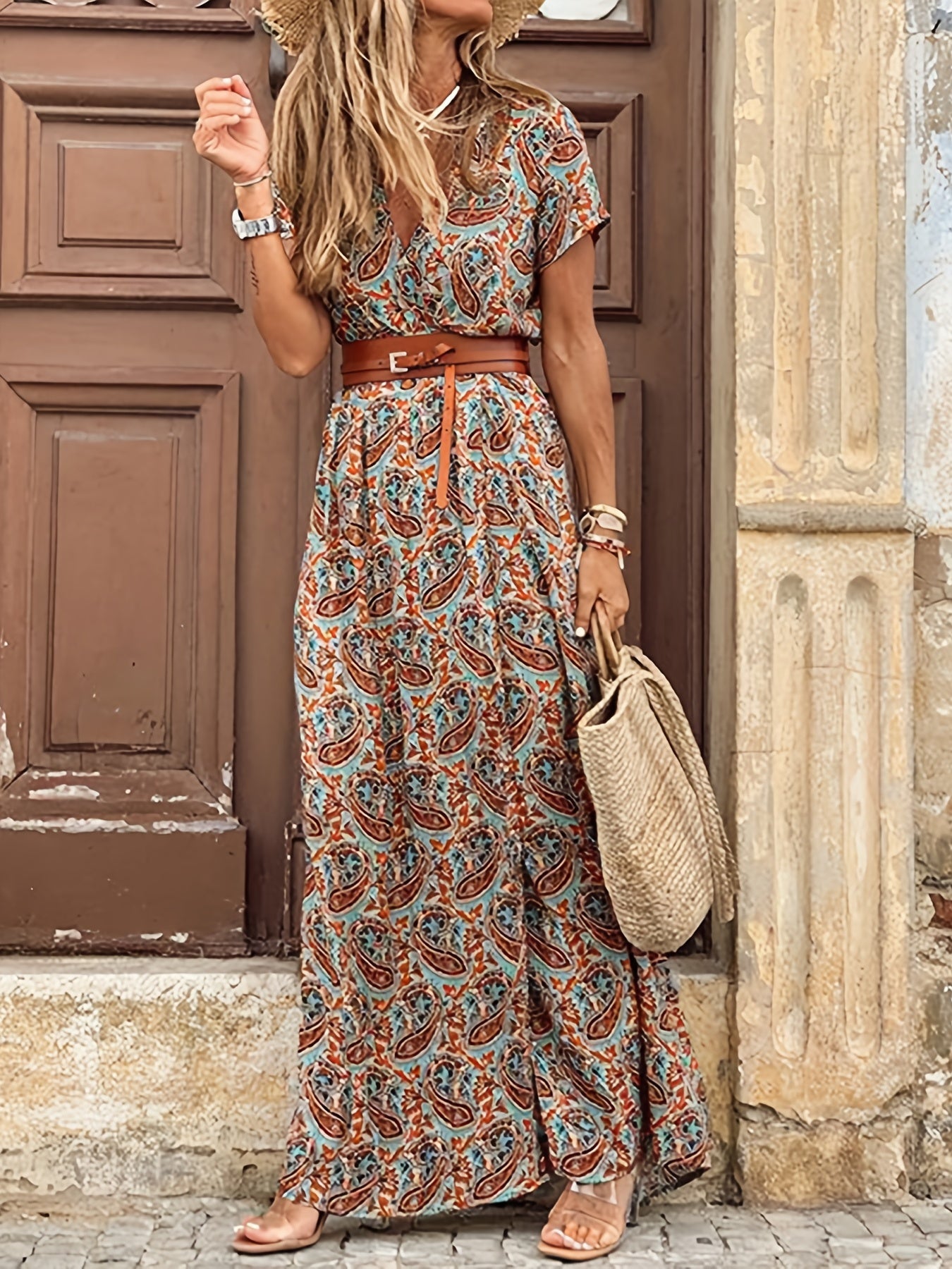 VzyzvBoho Floral Print Dress, V Neck Short Sleeve Belted Maxi Dress, Women's Clothing