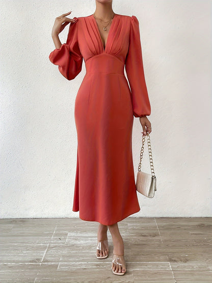 vzyzv  Solid Plicated Detail Bodycon Dress, Elegant Long Sleeve Deep V-neck Dress, Women's Clothing