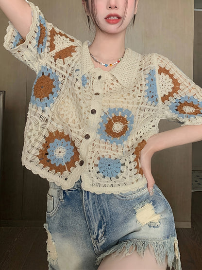 Vzyzv Graphic Pattern Hollow Crochet Cardigan, Vintage Button Up Short Sleeve Stylish Top, Women's Clothing