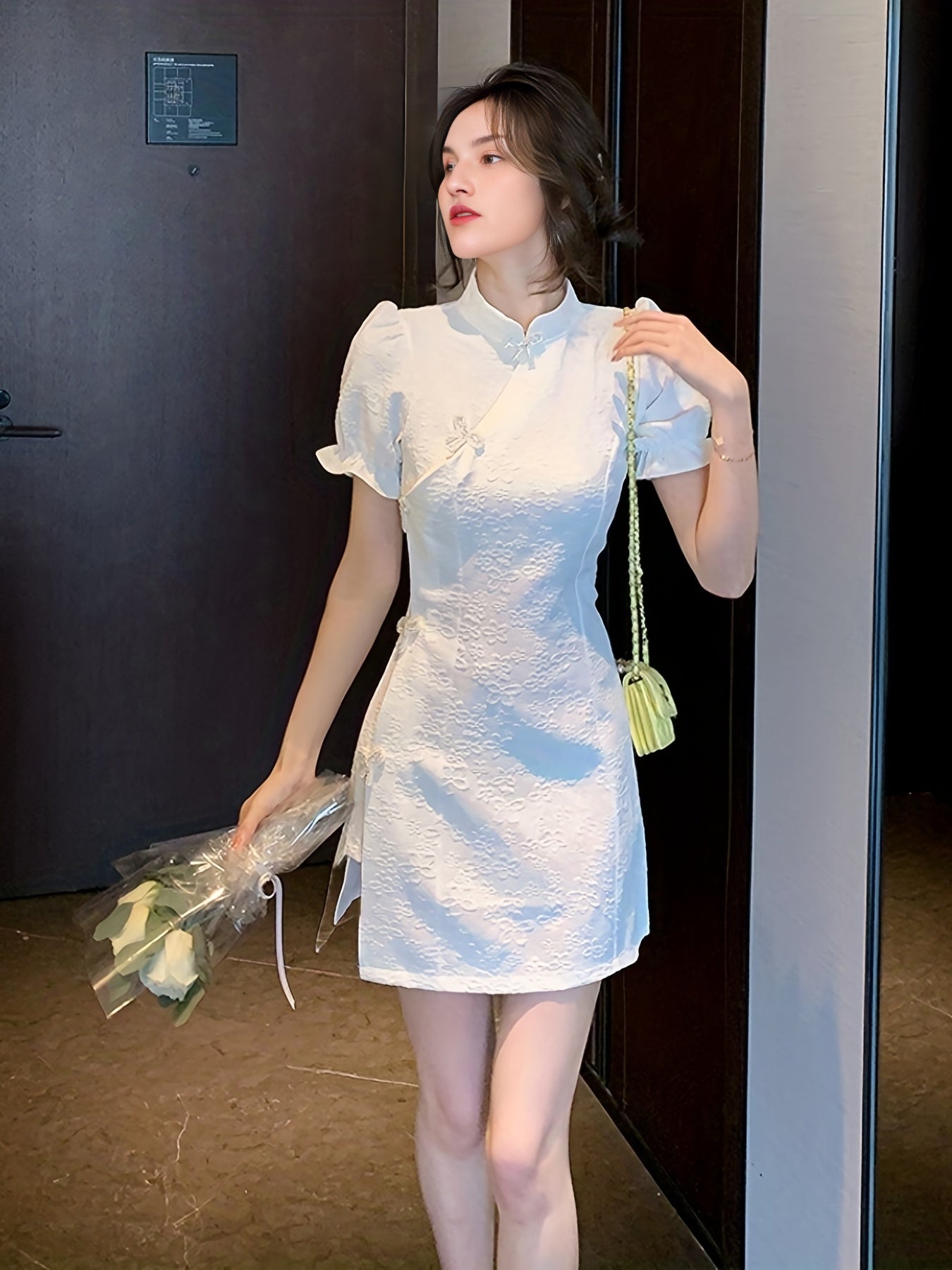VzyzvRuffle Trim Solid Cheongsam Dress, Elegant Short Sleeve Stand Collar Bodycon Qipao Dress, Women's Clothing