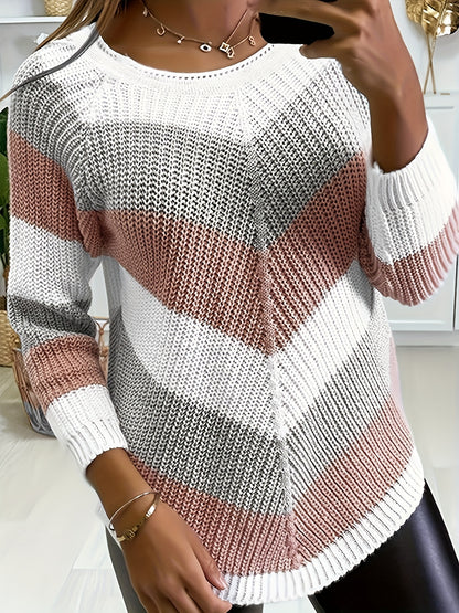 Vzyzv Romildi Romildi Romildi Striped Pattern Crew Neck Pullover Sweater, Casual Long Sleeve Sweater For Fall & Winter, Women's Clothing