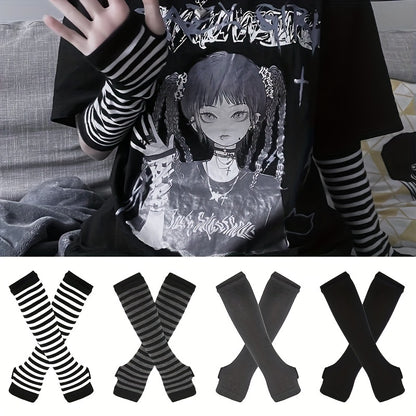 Vzyzv Hip Hop Stripe Print Gloves Trendy Cartoon Y2K Long Sleeve Half Fingerless Sunscreen Wrist Sleeve